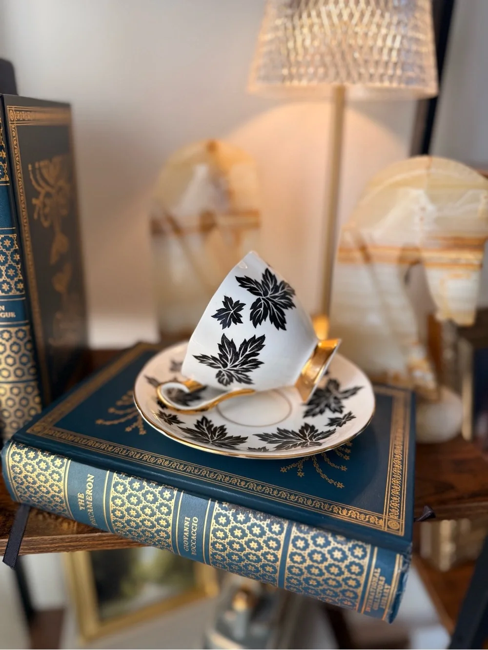 Black and Gold Leaf Teacup with Saucer